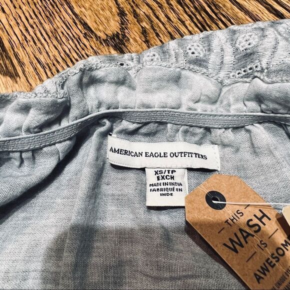 Off The Shoulder Dusty Blue Short Eyelet Blouse American Eagle Outfitters XS - Picture 10 of 11